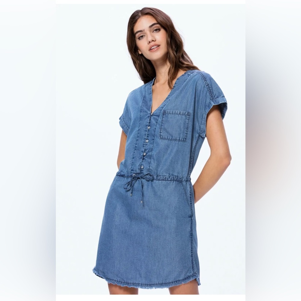 PAIGE Haidee Chambray Dress XS Vargas Blue V Neck Frayed Hem Cotton Blend